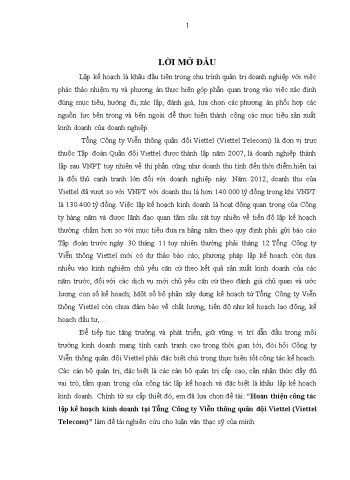 image for page Hoàn thiện công tác lập kế hoạch kinh doanh tại Tổng Công ty Viễn thông quân đội Viettel (Viettel Telecom)