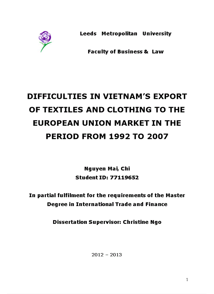 Difficulties in vietnam’s export of textiles and clothing to the european union market in the period from 1992 to 2007