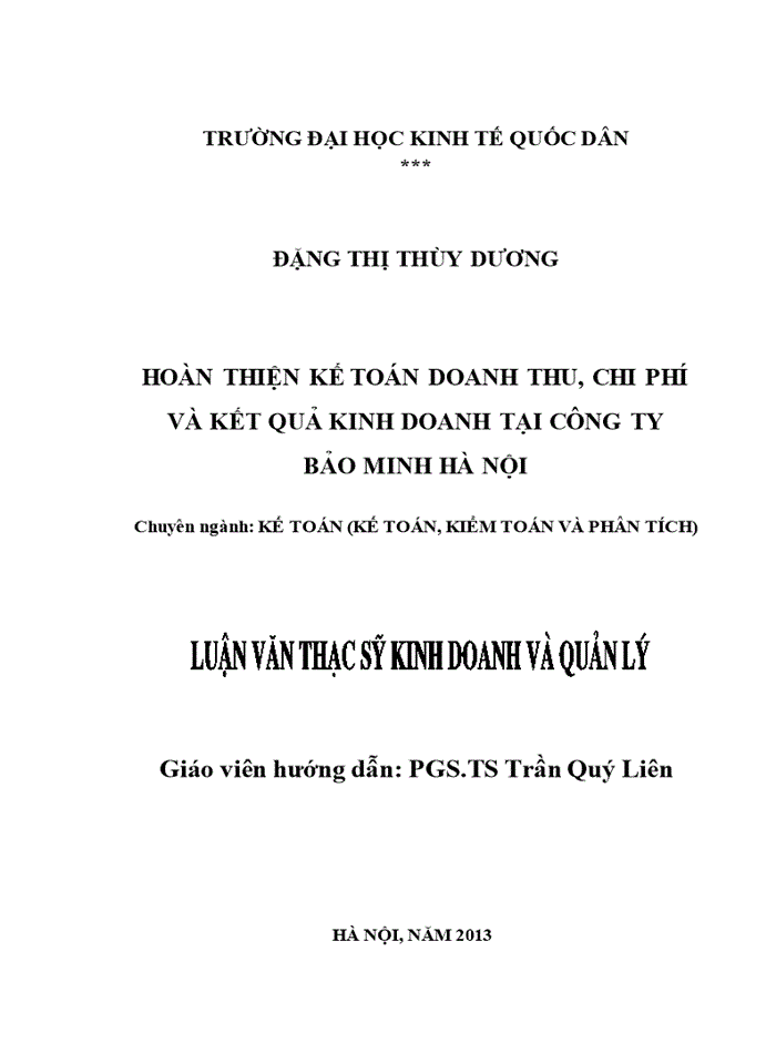 Hoàn thiện kế toán doanh thu, chi phí và kết quả kinh doanh tại công ty bảo minh hà nội