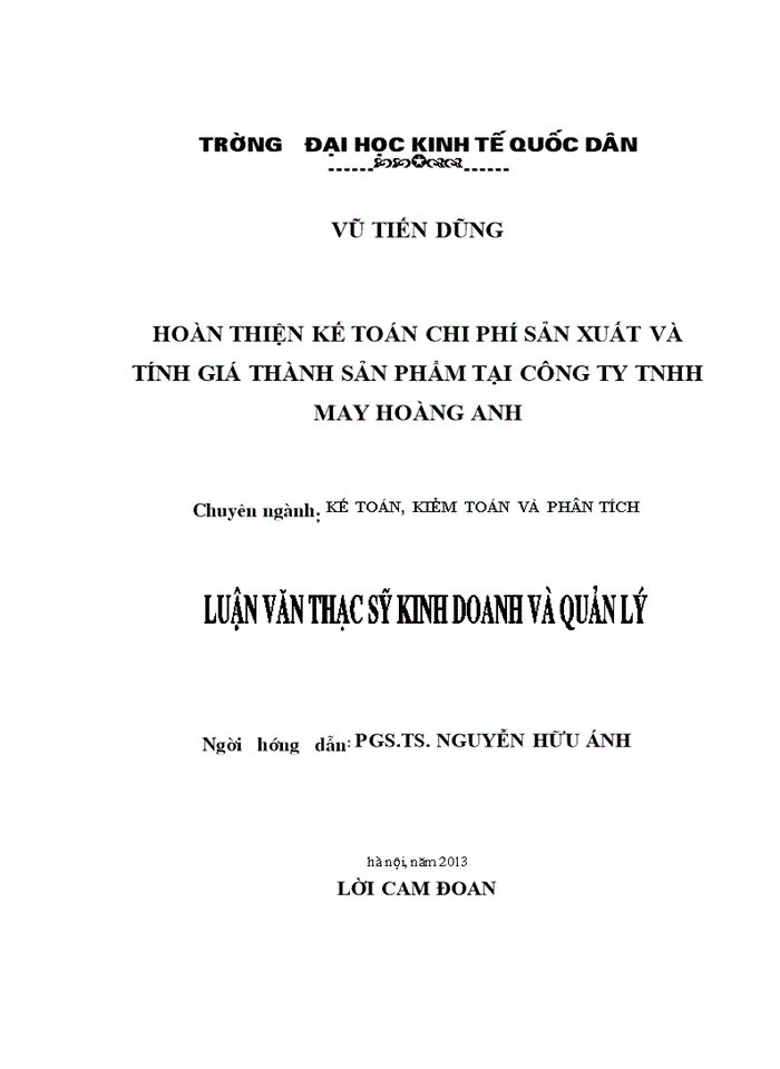 Hoàn thiện kế toán chi phí sản xuất và tính giá thành sản phẩm tại công ty tnhh may hoàng anh