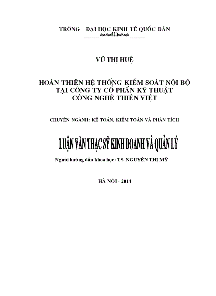 Hoàn thiện hệ thống kiểm soát nội bộ  tại công ty cổ phần kỹ thuật công nghệ thiên việt