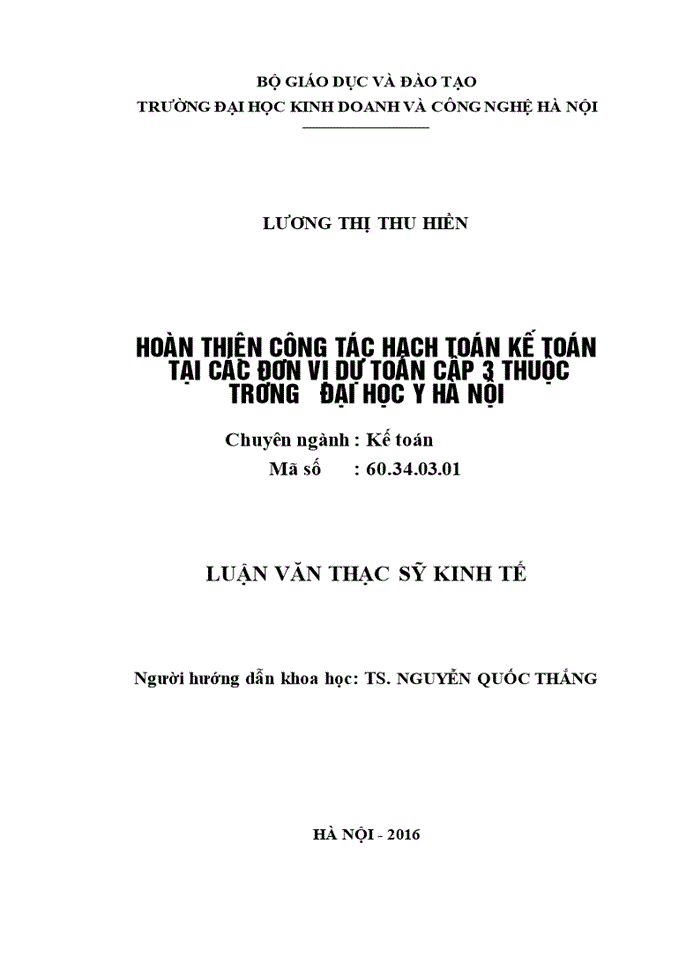 Hoàn thiện công tác hạch toán kế toán tại các đơn vị dự toán cấp 3 thuộc trường đại học y hà nội