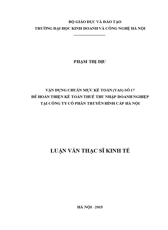 Vận dụng chuẩn mực kế toán (vas) số 17 để hoàn thiện kế toán thuế thu nhập doanh nghiệp tại công ty cổ phần truyền hình cáp hà nội