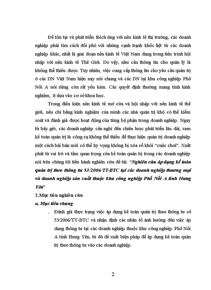 Nghiên cứu áp dụng kế toán quản trị theo thông tư 53/2006/tt-btc tại các doanh nghiệp thương mại và doanh nghiệp sản xuất thuộc khu công nghiệp phố nối a tỉnh hưng yên