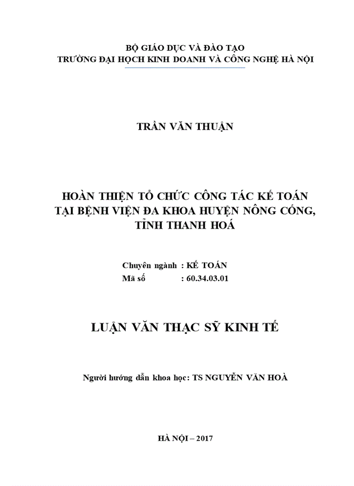 Hoàn thiện tổ chức công tác kế toán tại bệnh viện đa khoa huyện nông cống, tỉnh thanh hoá