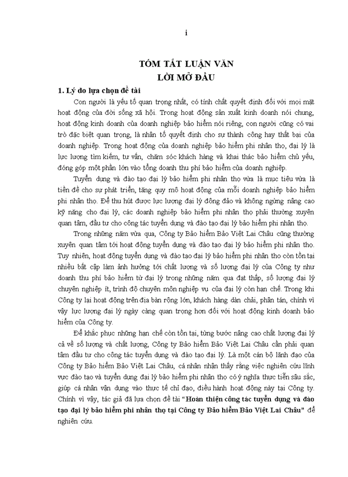 image for page Hoàn thiện công tác tuyển dụng  và đào tạo đại lý bảo hiểm phi nhân thọ tại công ty bảo hiểm bảo việt lai châu