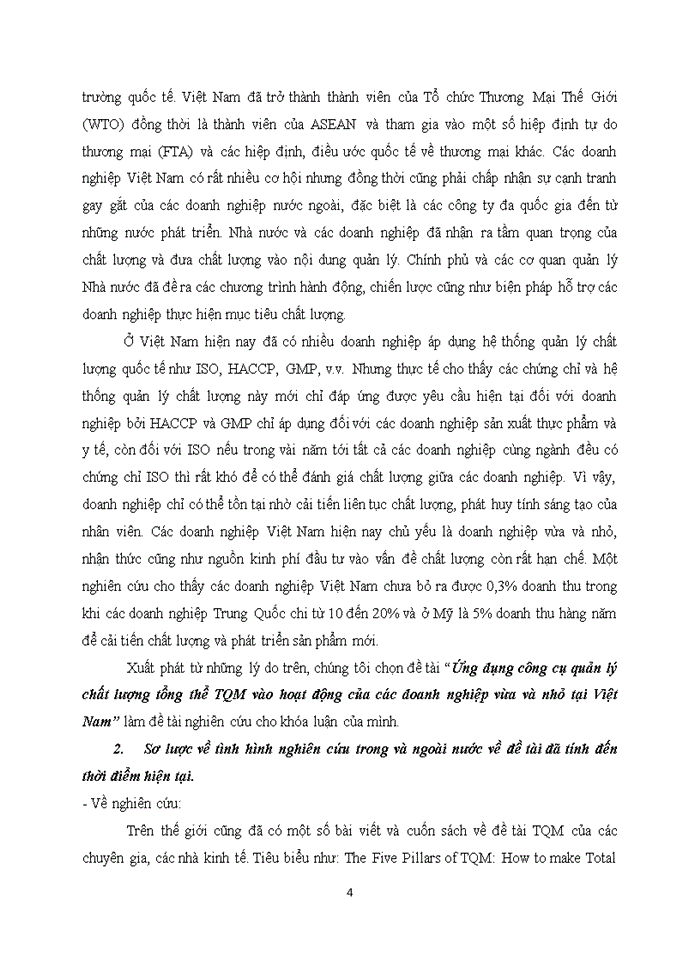 Ứng dụng công cụ quản lý chất lượng tổng thể TQM vào hoạt động của các doanh nghiệp vừa và nhỏ tại Việt Nam
