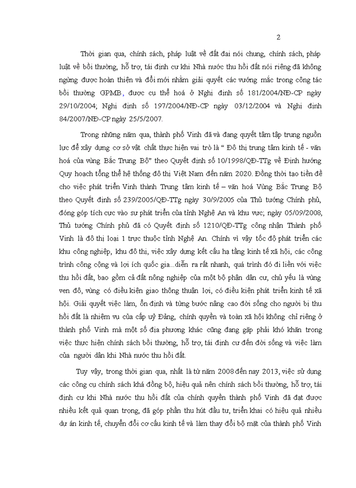 image for page Hoàn thiện các công cụ chính sách bồi thường, hỗ trợ, tái định cư khi Nhà nước thu hồi đất trên địa bàn thành phố Vinh, tỉnh Nghệ An