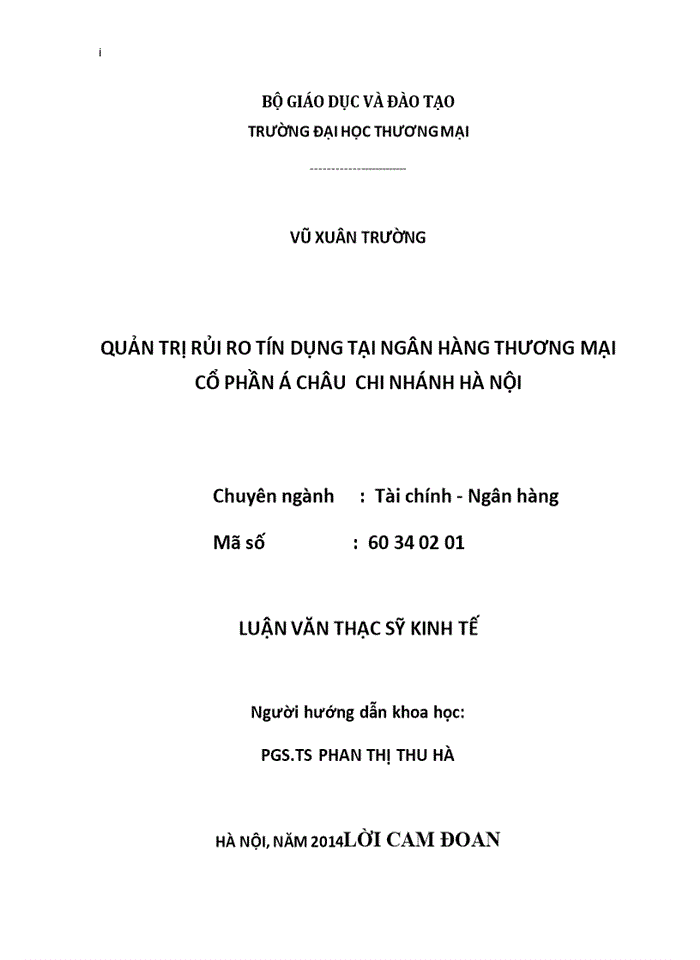 image for page Quản trị rủi ro tín dụng tại ngân hàng thương mại cổ phần á châu  chi nhánh hà nội
