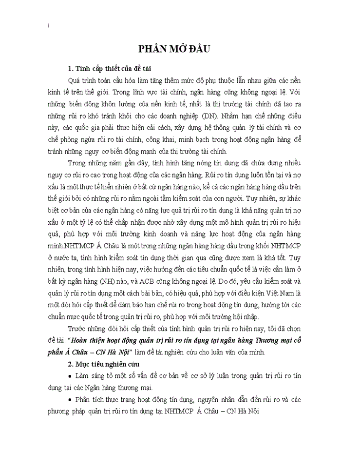image for page Quản trị rủi ro tín dụng tại ngân hàng thương mại cổ phần á châu  chi nhánh hà nội