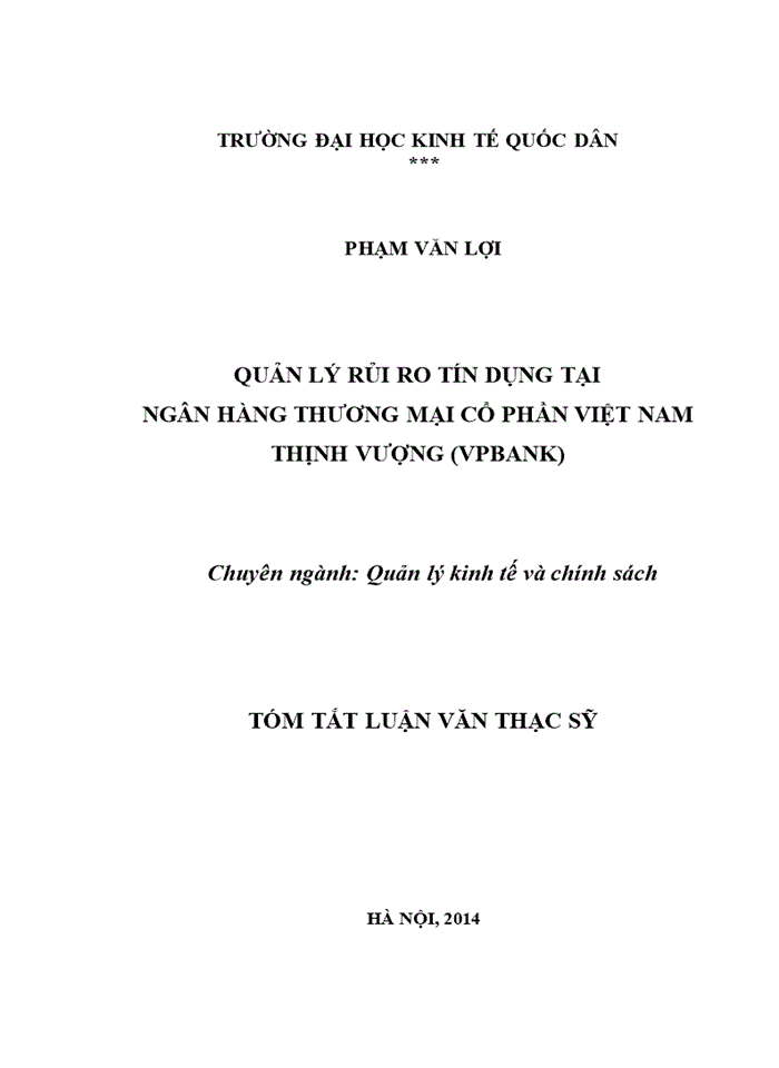 Quản lý rủi ro tín dụng tại ngân hàng thương mại cổ phần việt nam thịnh vượng (VPBANK)