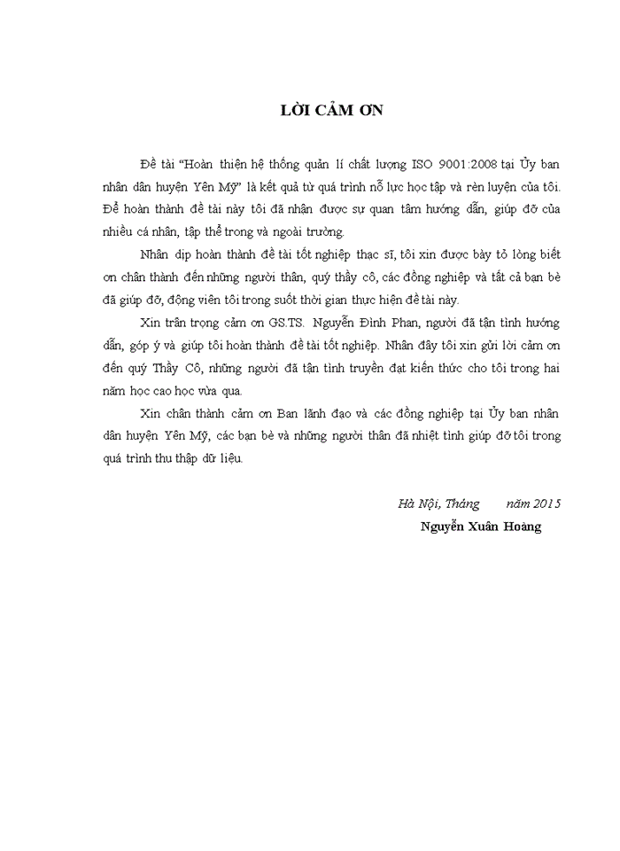 Hoàn thiện hệ thống quản lí chất lượng ISO 9001:2008 tại ủy ban nhân dân huyện YÊN MỸ