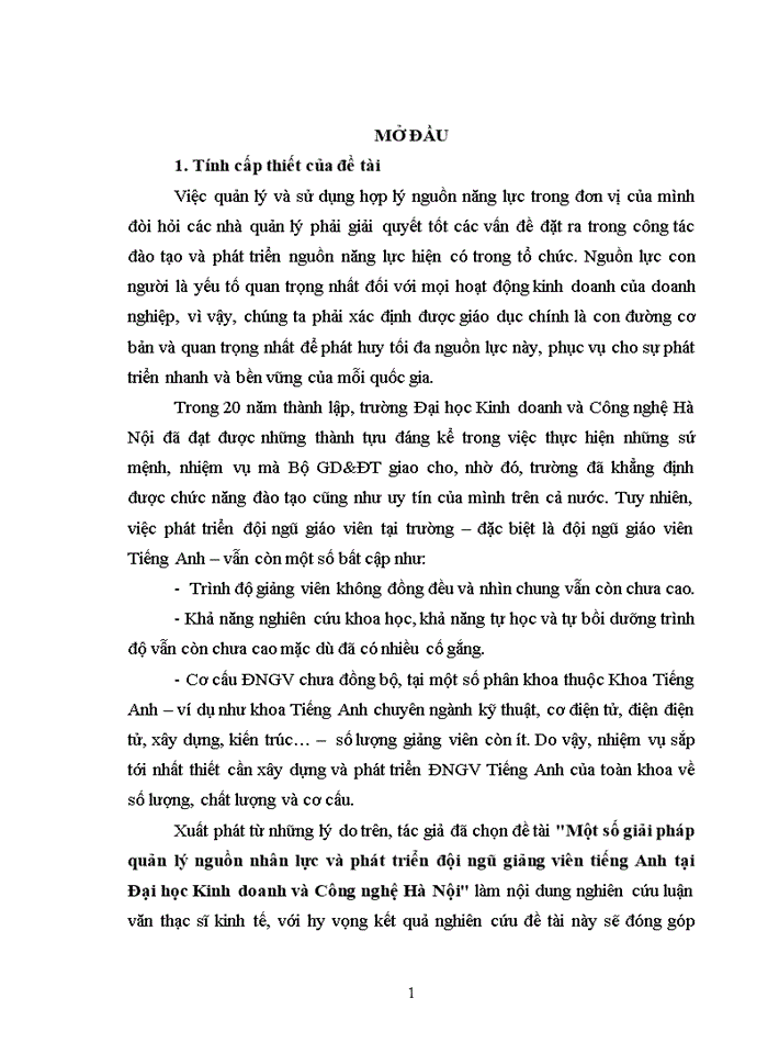 Một số giải pháp quản lý và phát triển đội ngũ giảng viên Tiếng Anh tại trường Đại học Kinh doanh và Công nghệ Hà Nội