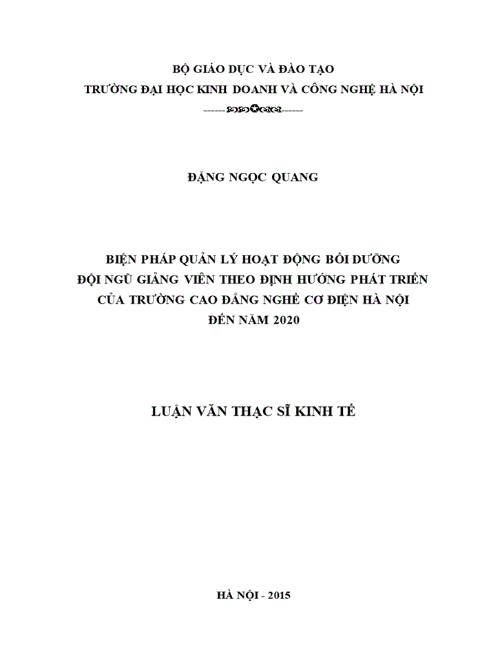 Biện pháp quản lý hoạt động bồi dưỡng đội ngũ giảng viên theo định hướng phát triển của trường cao đẳng nghề cơ điện hà nội đến năm 2020