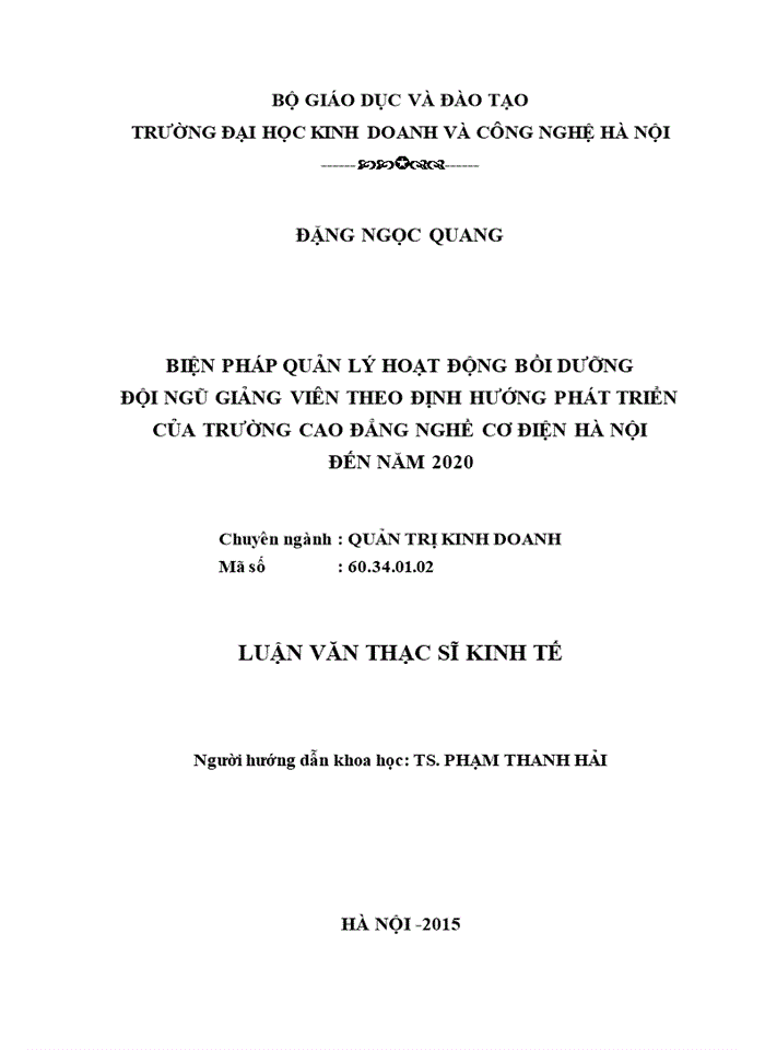 Biện pháp quản lý hoạt động bồi dưỡng đội ngũ giảng viên theo định hướng phát triển của trường cao đẳng nghề cơ điện hà nội đến năm 2020