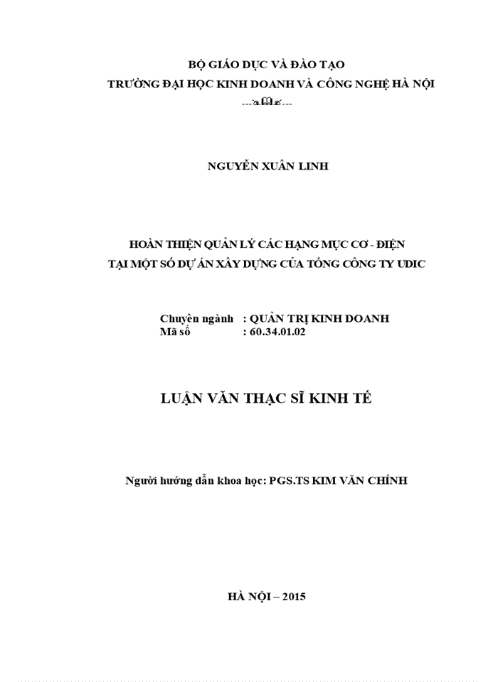 Hoàn thiện quản lý các hạng mục cơ - điện tại một số dự án xây dựng của tổng công ty UDIC