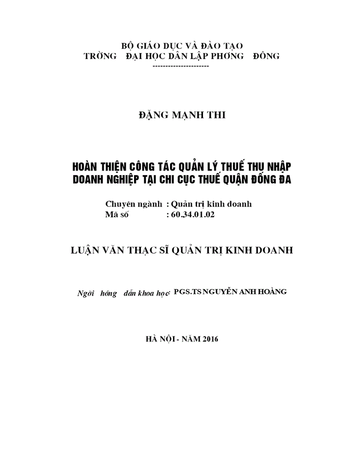 Hoàn thiện công tác quản lý thuế thu nhập doanh nghiệp tại chi cục thuế quận đống đa