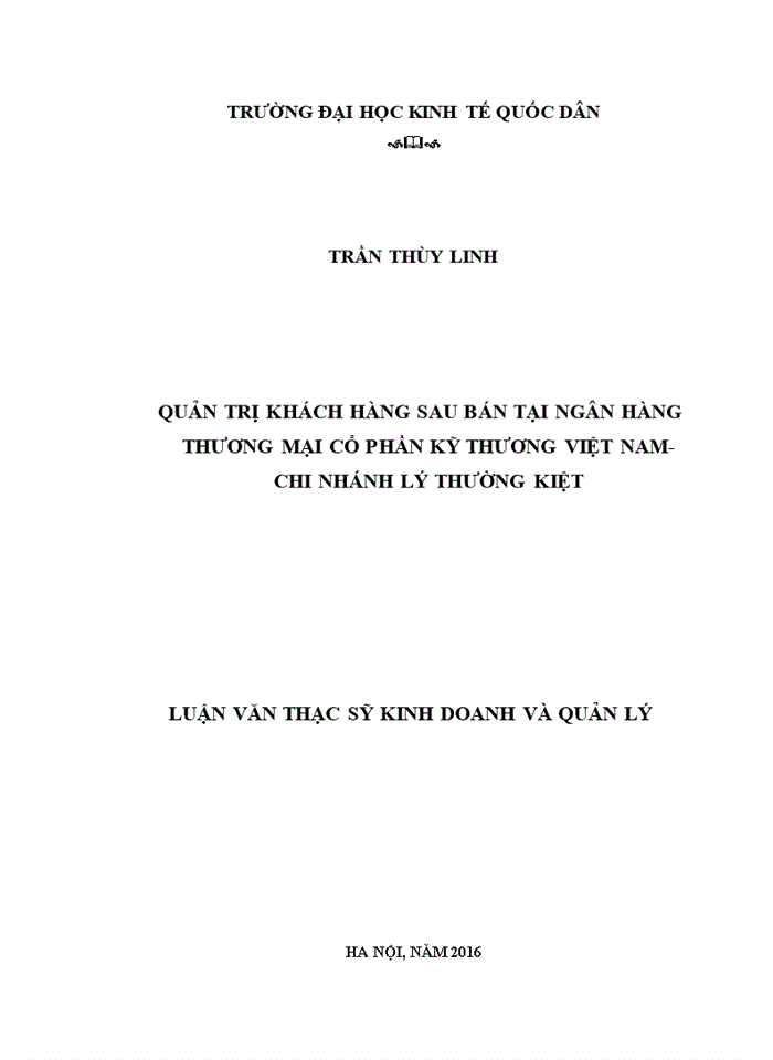 Quản trị khách hàng sau bán tại ngân hàng thương mại cổ phần kỹ thương việt nam- chi nhánh lý thường kiệt