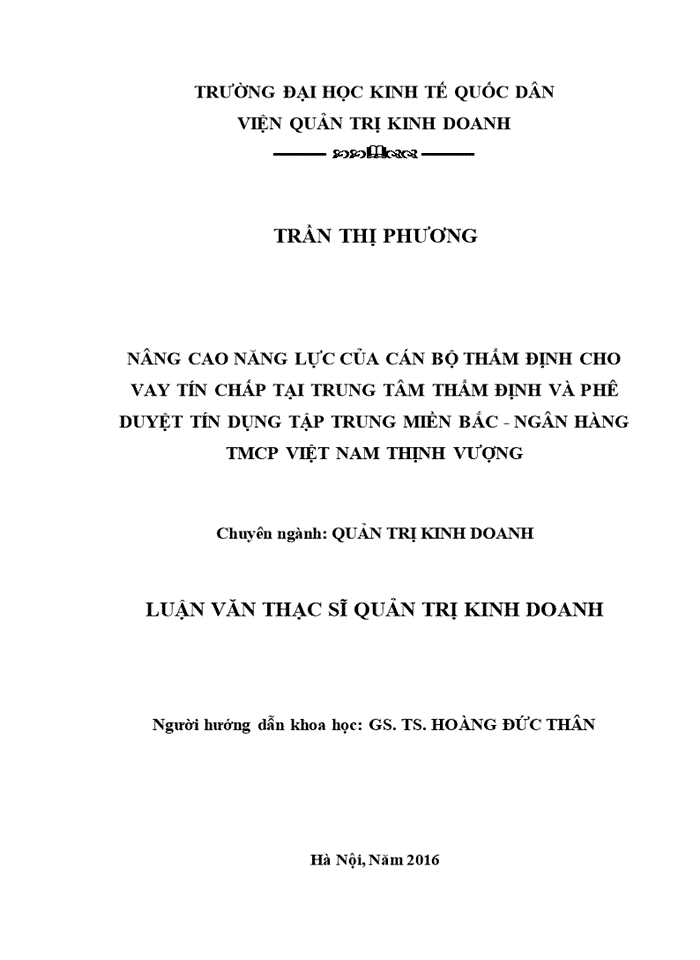 image for page Nâng cao năng lực của cán bộ thẩm định cho vay tín chấp tại trung tâm thẩm định và phê duyệt tín dụng tập trung miền bắc - ngân hàng tmcp việt nam thịnh vượng
