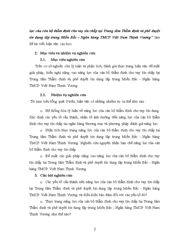 image for page Nâng cao năng lực của cán bộ thẩm định cho vay tín chấp tại trung tâm thẩm định và phê duyệt tín dụng tập trung miền bắc - ngân hàng tmcp việt nam thịnh vượng