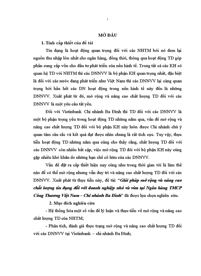 image for page Giải pháp mở rộng và nâng cao chất lượng tín dụng đối với doanh nghiệp nhỏ và vừa tại Ngân hàng TMCP Công Thương Việt Nam – Chi nhánh Ba Đình