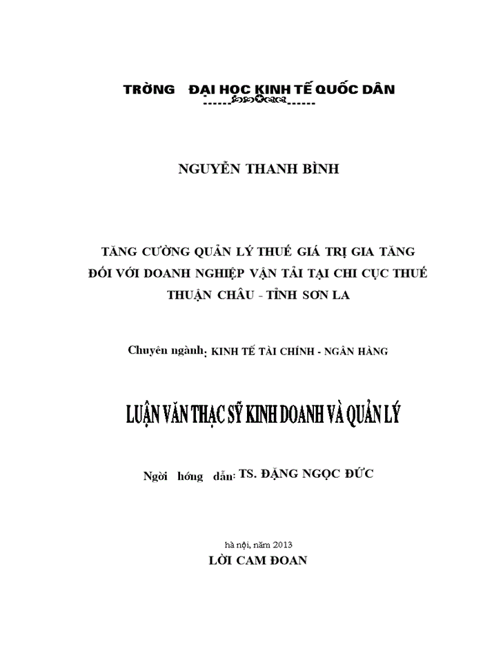 Tăng cường quản lý thuế giá trị gia tăng đối với doanh nghiệp vận tải tại chi cục thuế thuận châu - tỉnh sơn la