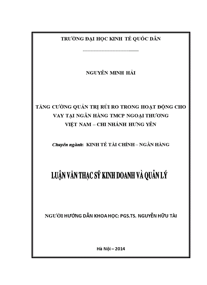 image for page Tăng cường quản trị rủi ro trong hoạt động cho vay tại ngân hàng tmcp ngoại thương việt nam – chi nhánh HƯNG YÊN