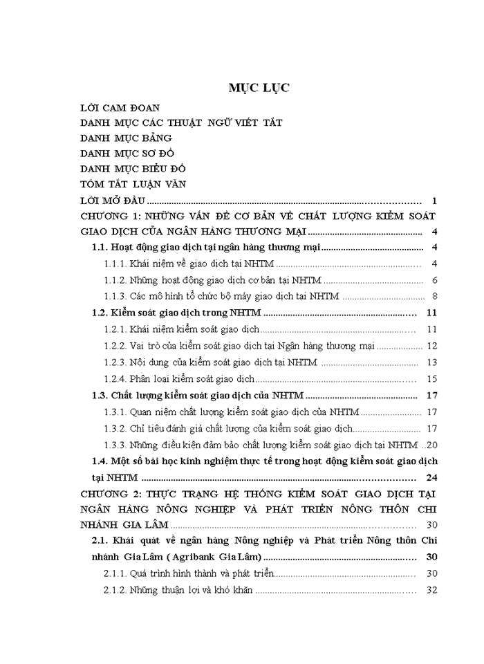 Khảo sát chất lượng kiểm soát giao dịch tại ngân hàng nông nghiệp và phát triển nông thôn chi nhánh gia lâm, hà nội