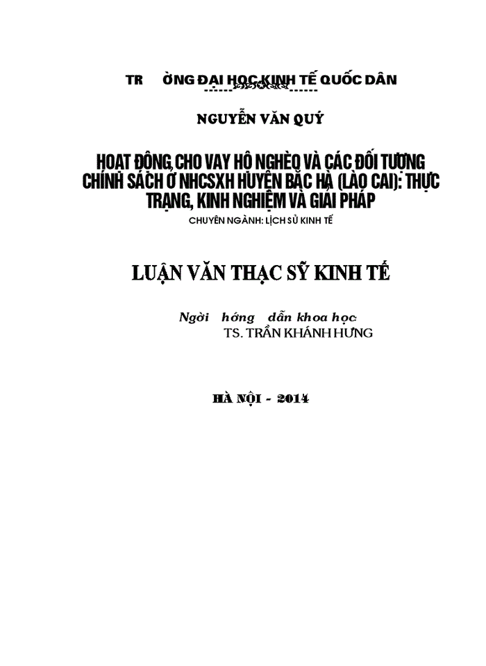 Hoạt động cho vay hộ nghèo và các đối tượng chính sách ở NHCSXH huyện BẮC HÀ (LÀO CAI): thực trạng, kinh nghiệm và giải pháp