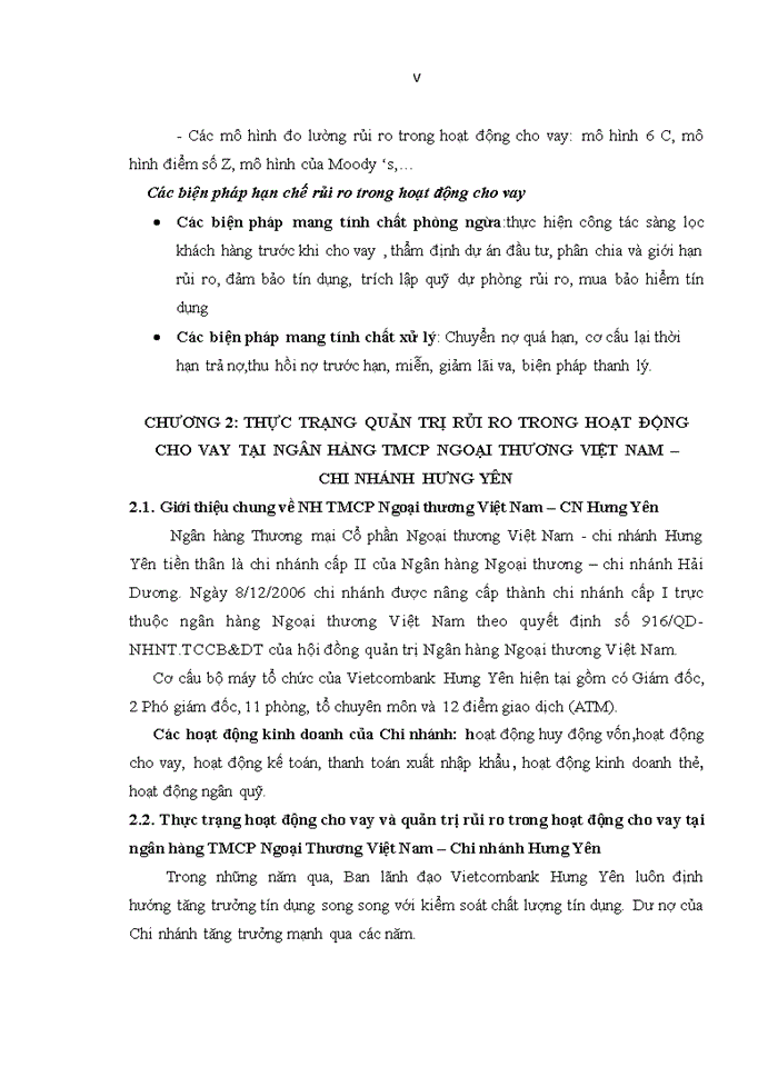 image for page Tăng cường quản trị rủi ro trong hoạt động cho vay tại ngân hàng TMCP NGOẠI THƯƠNG VIỆT NAM – CHI NHÁNH HƯNG YÊN