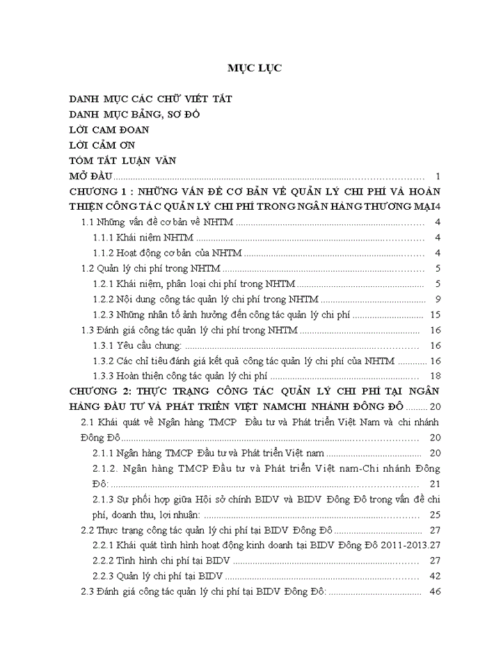 Hoàn thiện quản lý chi phí tại ngân hàng tmcp đầu tư và phát triển việt nam chi nhánh đông đô