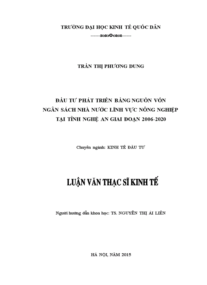 Đầu tư phát triển bằng nguồn vốn ngân sách nhà nước lĩnh vực nông nghiệp tại tỉnh nghệ an giai đoạn 2006-2020