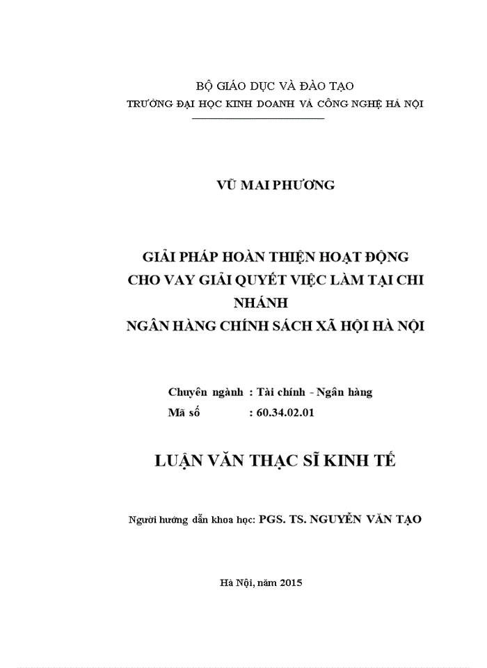 Giải pháp hoàn thiện hoạt động cho vay giải quyết việc làm tại chi nhánh ngân hàng chính sách xã hội hà nội