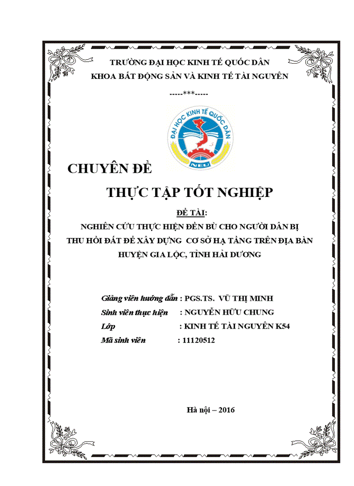 Nghiên cứu thực hiện đền bù cho người dân bị thu hồi đất để xây dựng  cơ sở hạ tầng trên địa bàn huyện gia lộc, tỉnh hải dương