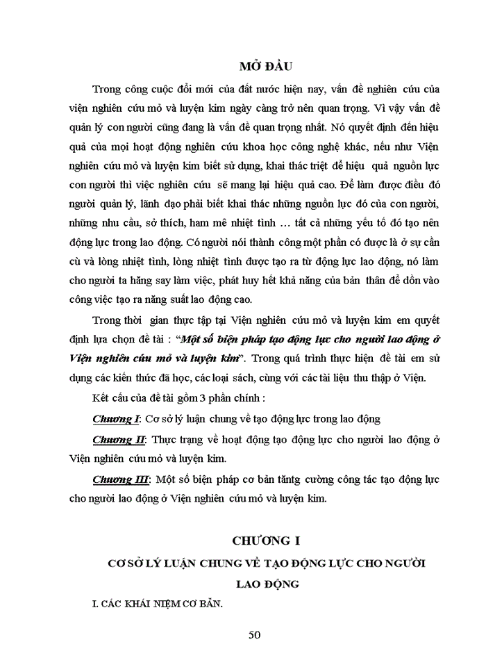 Một số biện pháp tạo động lực cho người lao động ở Viện nghiên cứu mỏ và luyện kim