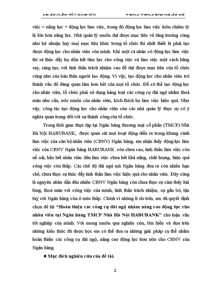 Hoàn thiện các công cụ đãi ngộ nhằm nâng cao động lực cho nhân viên tại Ngân hàng TMCP Nhà Hà Nội HABUBANK