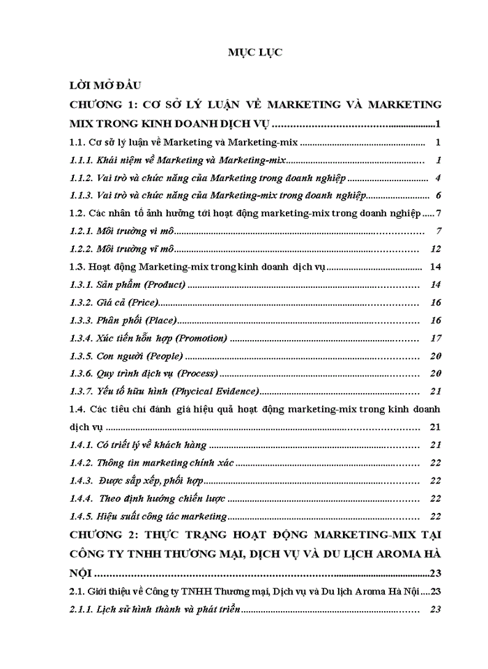 Phân tích thực trạng và đề xuất giải pháp nhằm hoàn thiện hoạt động marketing-mix tại công ty tnhh thương mại, dịch vụ và du lịch aroma hà nội