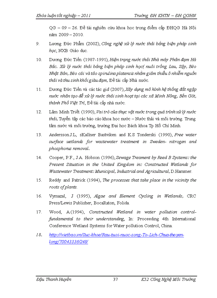 image for page Đánh giá khả năng xử lý nước sông Tô Lịch của hệ thống đất ngập nước trồng cây sậy và cây cỏ lồng vực để làm nước tưới rau