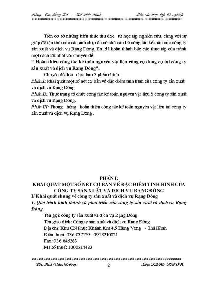 image for page Hoàn thiện công tác kế toán nguyên vật liệu công cụ dung cụ tại công ty sản xuất và dịch vụ Rạng Đông