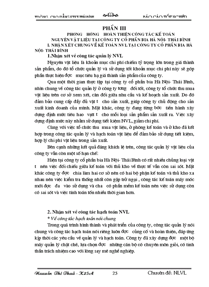 image for page Tổ  chức  công  tác kế toán nguyên vật liệu tại công ty cổ phần bia Hà Nội-Thái Bình