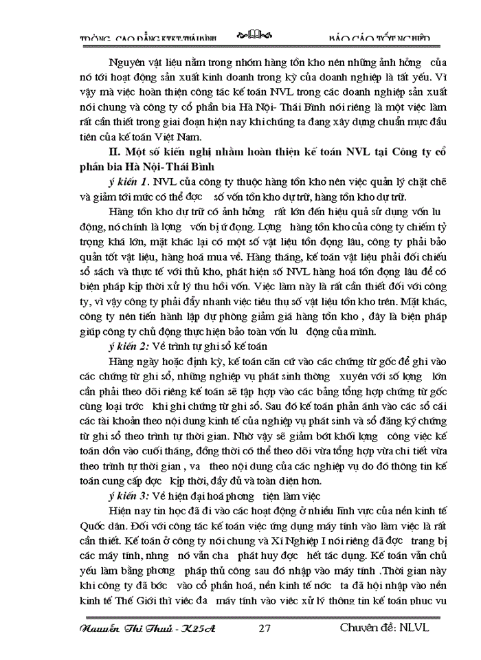 image for page Tổ  chức  công  tác kế toán nguyên vật liệu tại công ty cổ phần bia Hà Nội-Thái Bình