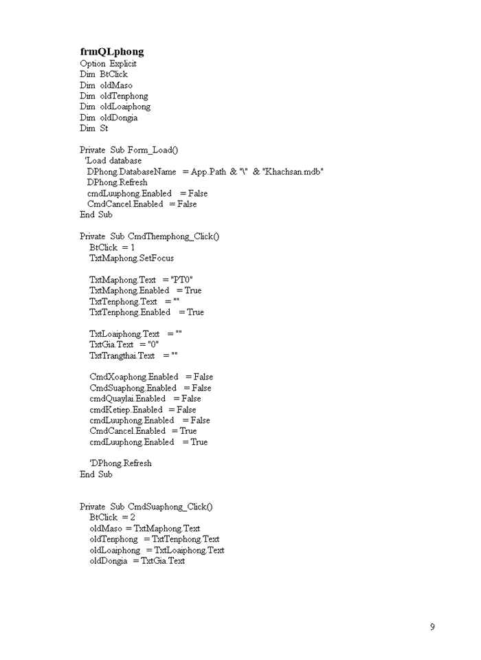 image for page Một số code của chương trình quản lý khách sạn