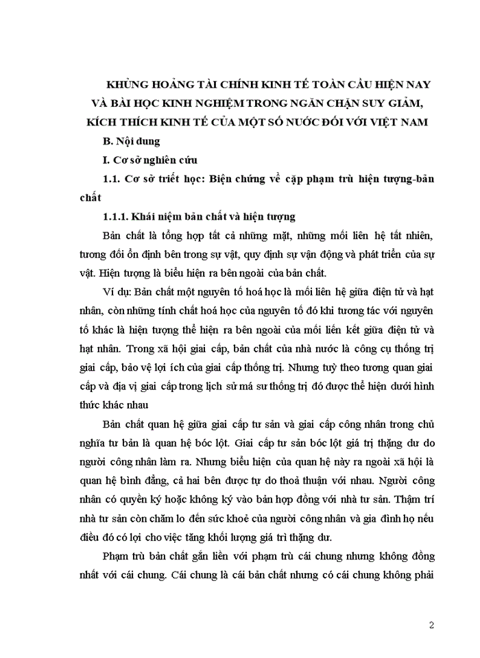 Khủng hoảng tài chính kinh tế toàn cầu hiện nay và bài học kinh nghiệm trong ngăn chặn suy giảm, kích thích kinh tế của một số nuớc đối với VIỆT NAM