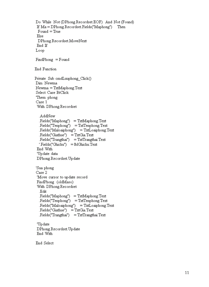 image for page Một số code của chương trình quản lý khách sạn