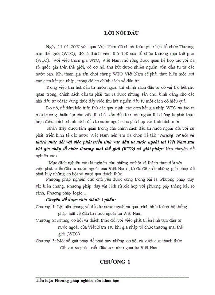 Những cơ hội và thách thức đối với việc phát triển lĩnh vực đầu tư nước ngoài tại Việt Nam sau khi gia nhập tổ chức thương mại thế giới (WTO) và giải pháp