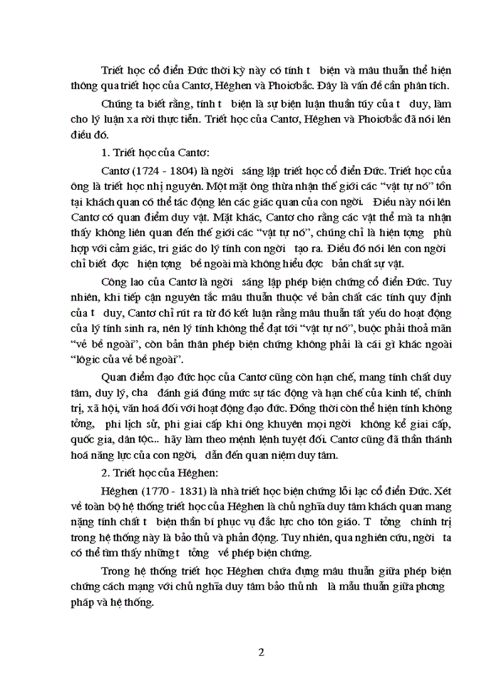 Phân tích tính tư biện và mâu thuẫn trong triết học cổ điển Đức thể hiện thông qua triết học của Cantơ, Hêghen và Phoiơbắc