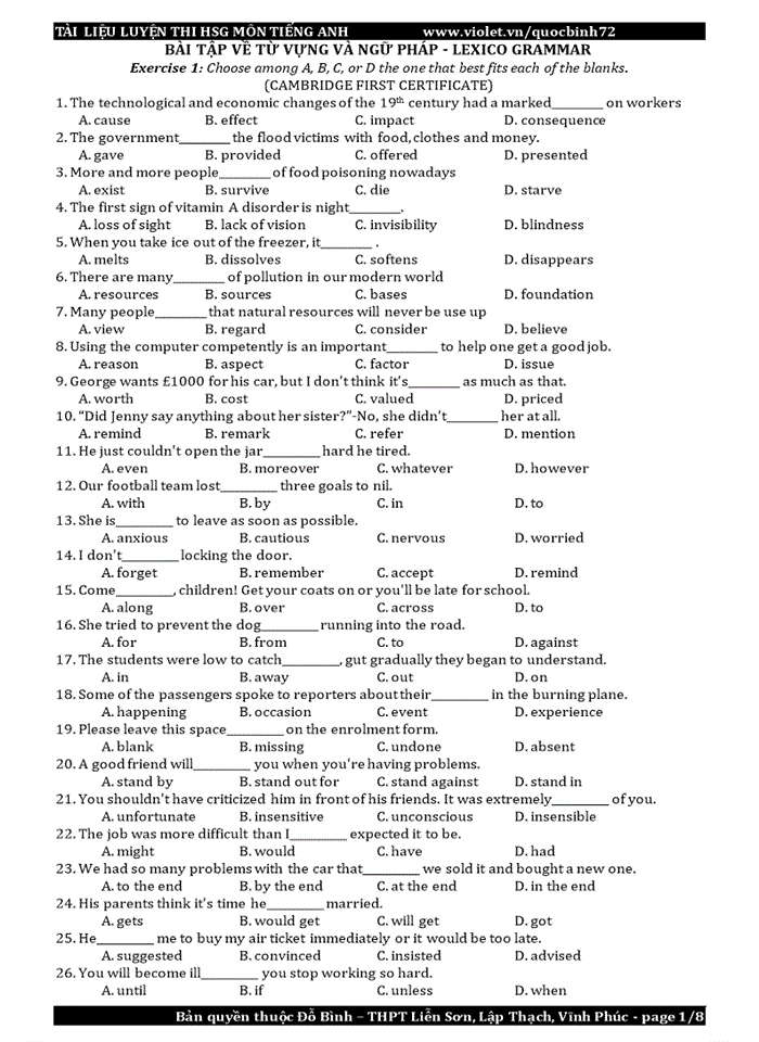 image for page Bài tập về từ vựng và ngữ pháp - Lexico Grammar