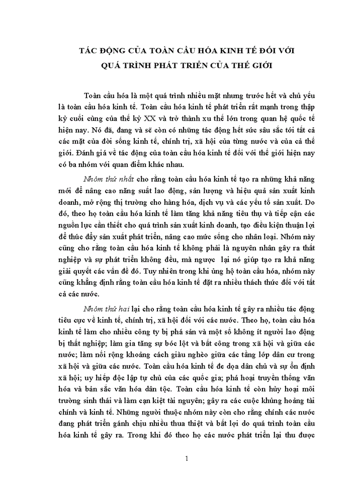 Tác động của toàn cầu hóa kinh tế đối với quá trình phát triển của thế giới