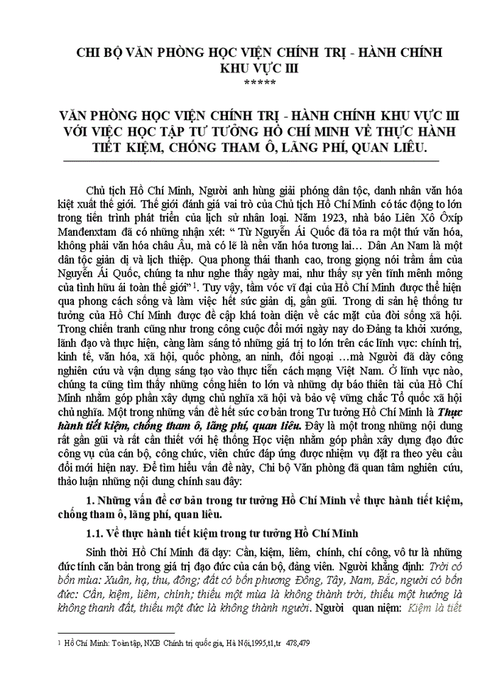 image for page Văn phòng học viện chính trị - hành chính khu vực iii với việc học tập tư tưởng hồ chí minh về thực hành tiết kiệm, chống tham ô, lãng phí, quan liêu
