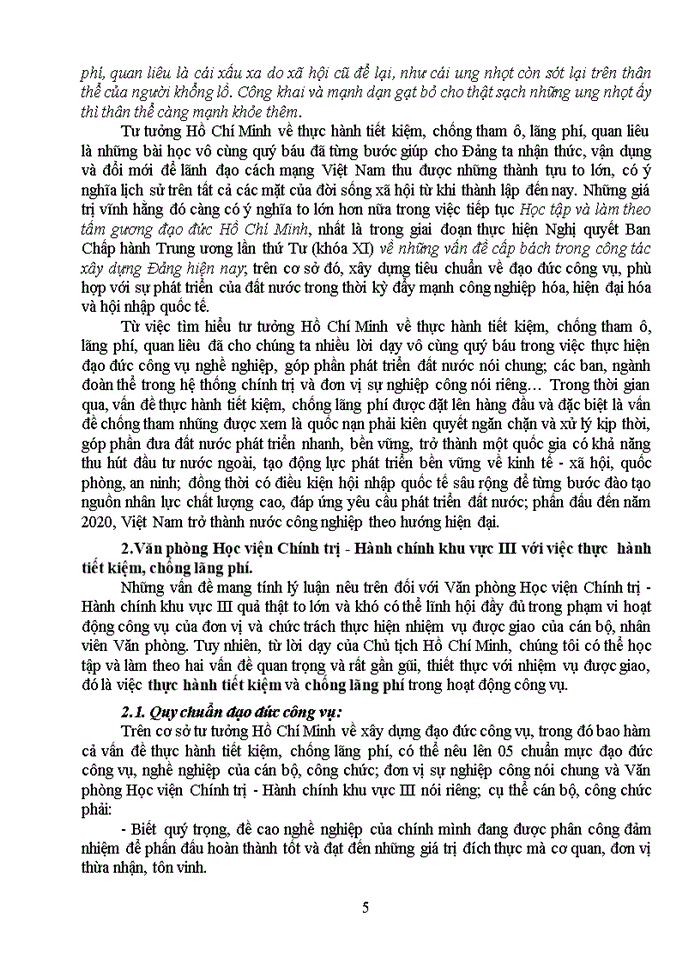 image for page Văn phòng học viện chính trị - hành chính khu vực iii với việc học tập tư tưởng hồ chí minh về thực hành tiết kiệm, chống tham ô, lãng phí, quan liêu